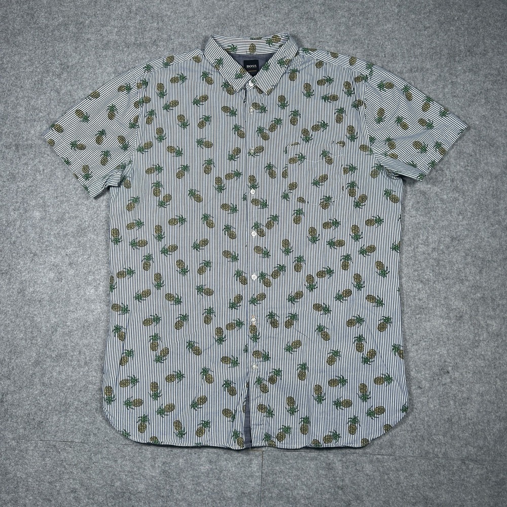 Hugo Boss Button Down Shirt Men's Size XL Pineapple Print Short Sleeve Slim Fit